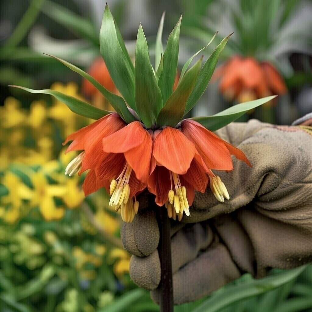 Kejserkrone 'Rubra' (Sperli) med orangerøde, klokkeformede blomster under grøn top. Flerårig plante op til 90 cm, ideel til solrigt eller delvist skyggefuldt bed – leveres som 1 løg.