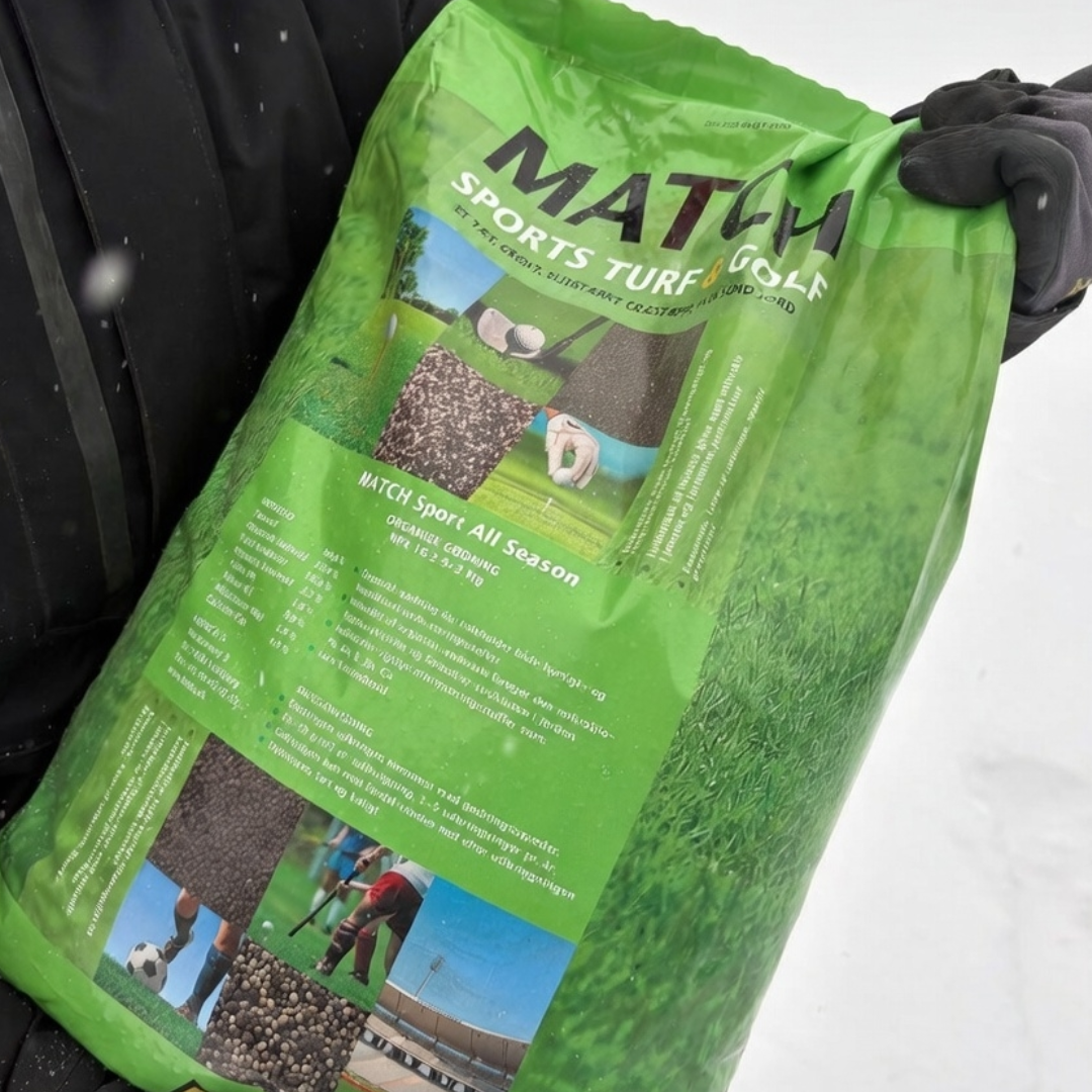 Sæk med MEMON Match Sport plænegødning (16-2-9 +2 Mg) i grøn emballage, 15 kg organisk langtidsvirkende gødning fra Memon, giver jævn vækst og flot grøn farve, rækker til ca. 500-600 m²