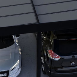Dobbelt carport med to parkerede biler Sort dobbelt carport med to biler nedenunder
