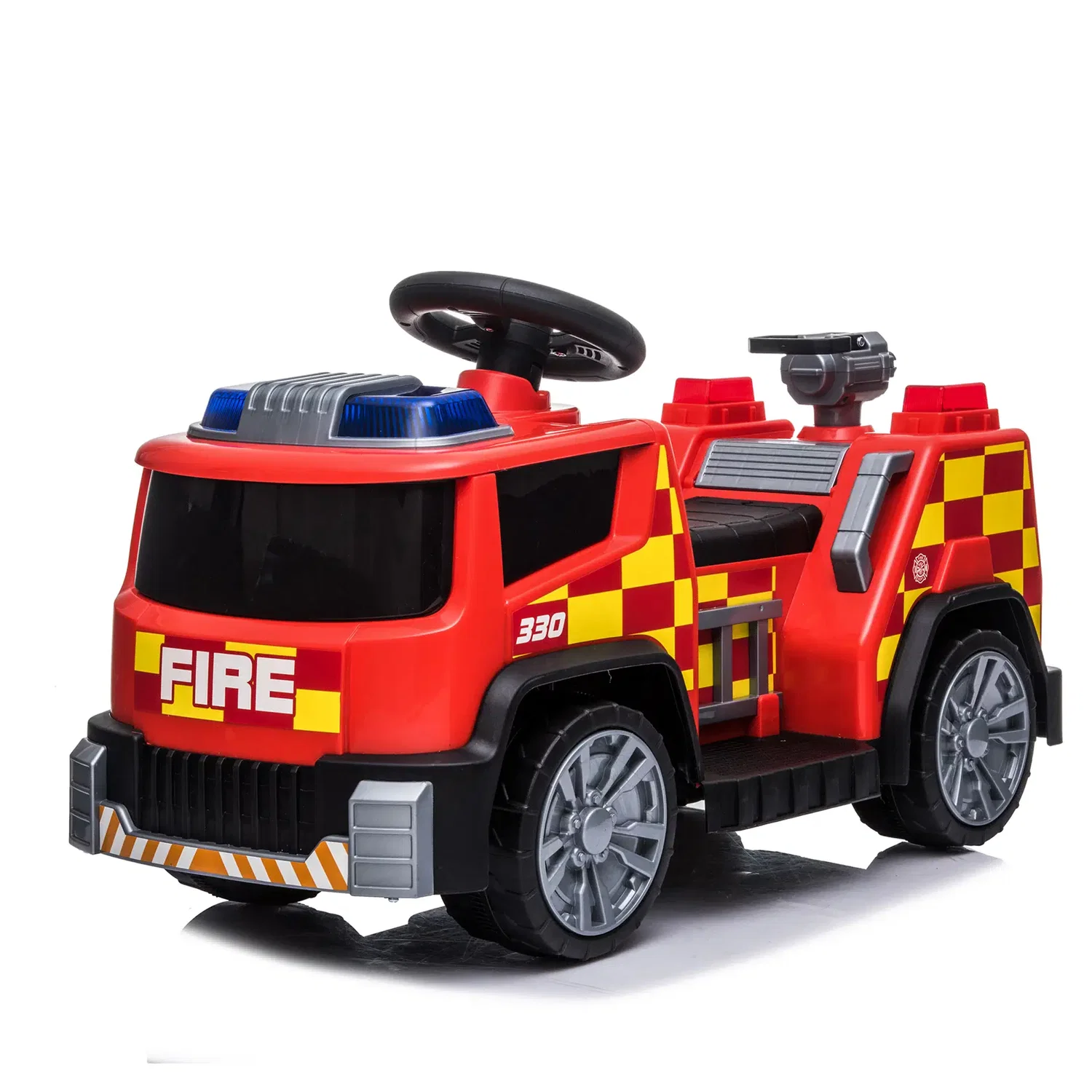 Elbrandbil til børn - NORDIC PLAY Speed rød, 1 x 7,4V motor, ideel 2-6 år Rød NORDIC PLAY Speed elbrandbil til børn med blinkende blå lys, alarmsirene, rat og sæde; batteridrevet (1 x 7,4V) elbil til børn, topfart ca. 3 km/t