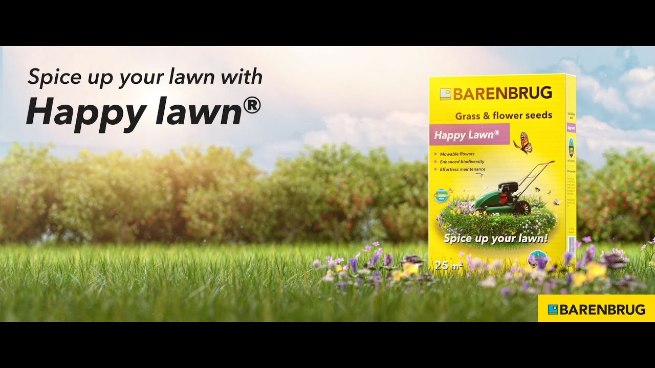 Barenbrug Happy Lawn græsfrø 25 m² pakke på græsplæne med farverige klipbare blomster, bi- og sommerfuglevenligt mix og plæneklipper – giver let vedligeholdt, blomstrende og biodivers græsplæne
