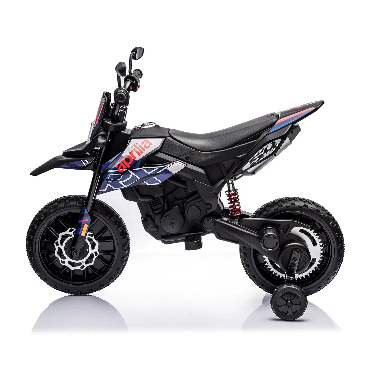 Blå Aprilia el-motorcykel til børn fra NORDIC PLAY Speed med aftagelige støttehjul, forlygte, Bluetooth, musik og strømindikator – licenseret design, 50W motor, topfart ca. 6 km/t, velegnet til 3-8 år