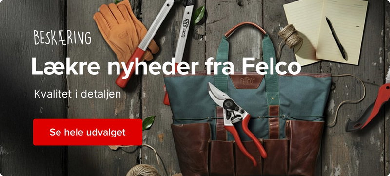 Felco beskæringsredskaber og tilbehør i værktøjstaske på træbord med handsker, beskæresaks og notesbog