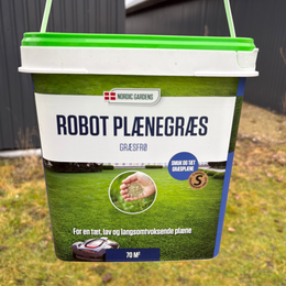 Beholder med Robot Plænegræs græsfrø fra Nordic Gardens, 5 L til 70 m² - fin, tæt og langsomtvoksende græsblanding ideel til robotplæneklippere og smuk, ensartet plæne