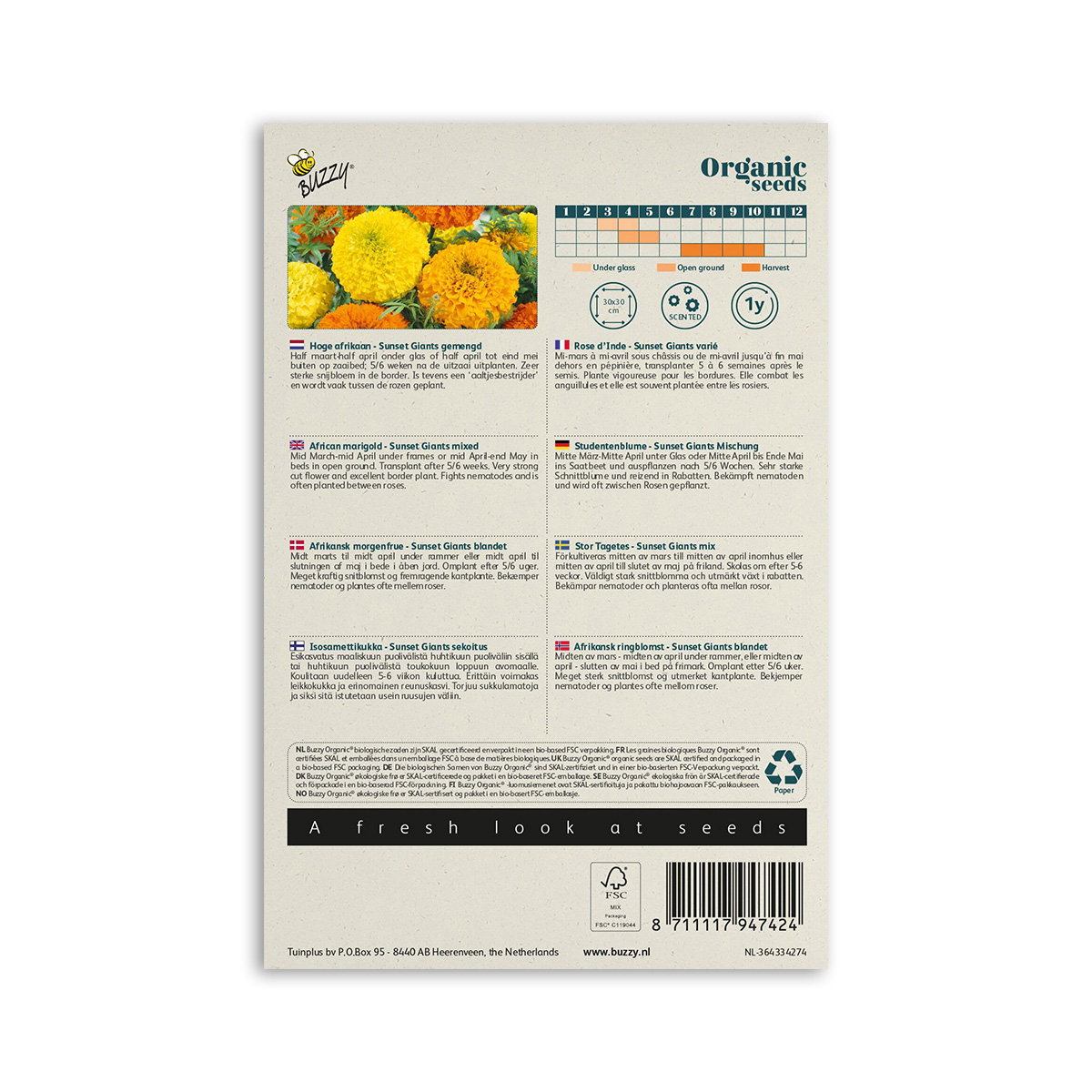 Buzzy Organic frøpose med Økologisk Tagetes "Sunset Giants Mixed"; foto af store orange og gule morgenfrueblomster, så- og dyrkningsinformation på bagsiden