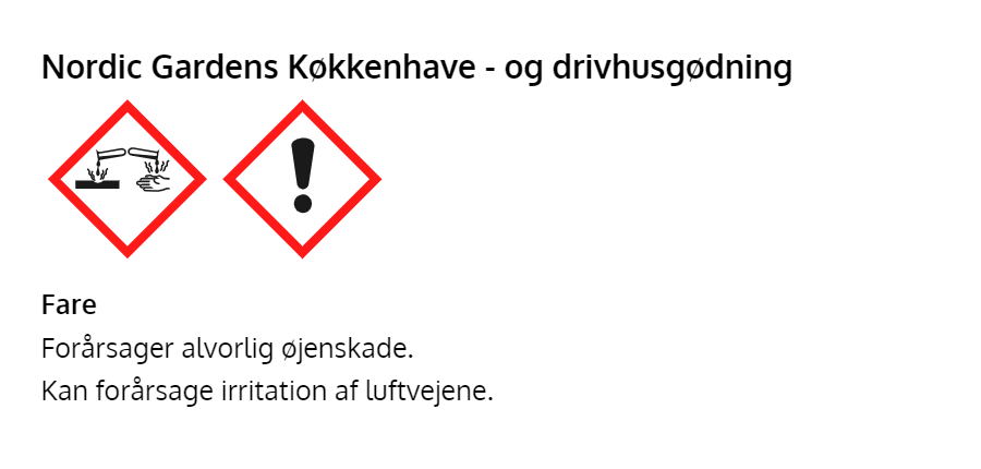 Nordic Gardens køkkenhave- og drivhusgødning Nordic Gardens gødning med farepiktogram og advarselstekst