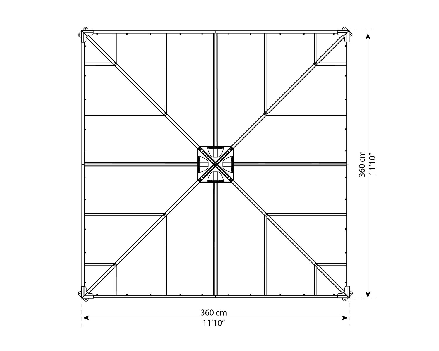 Havepavillon stel 360x360 cm tegning Teknisk tegning af havepavillon stel 360x360 cm