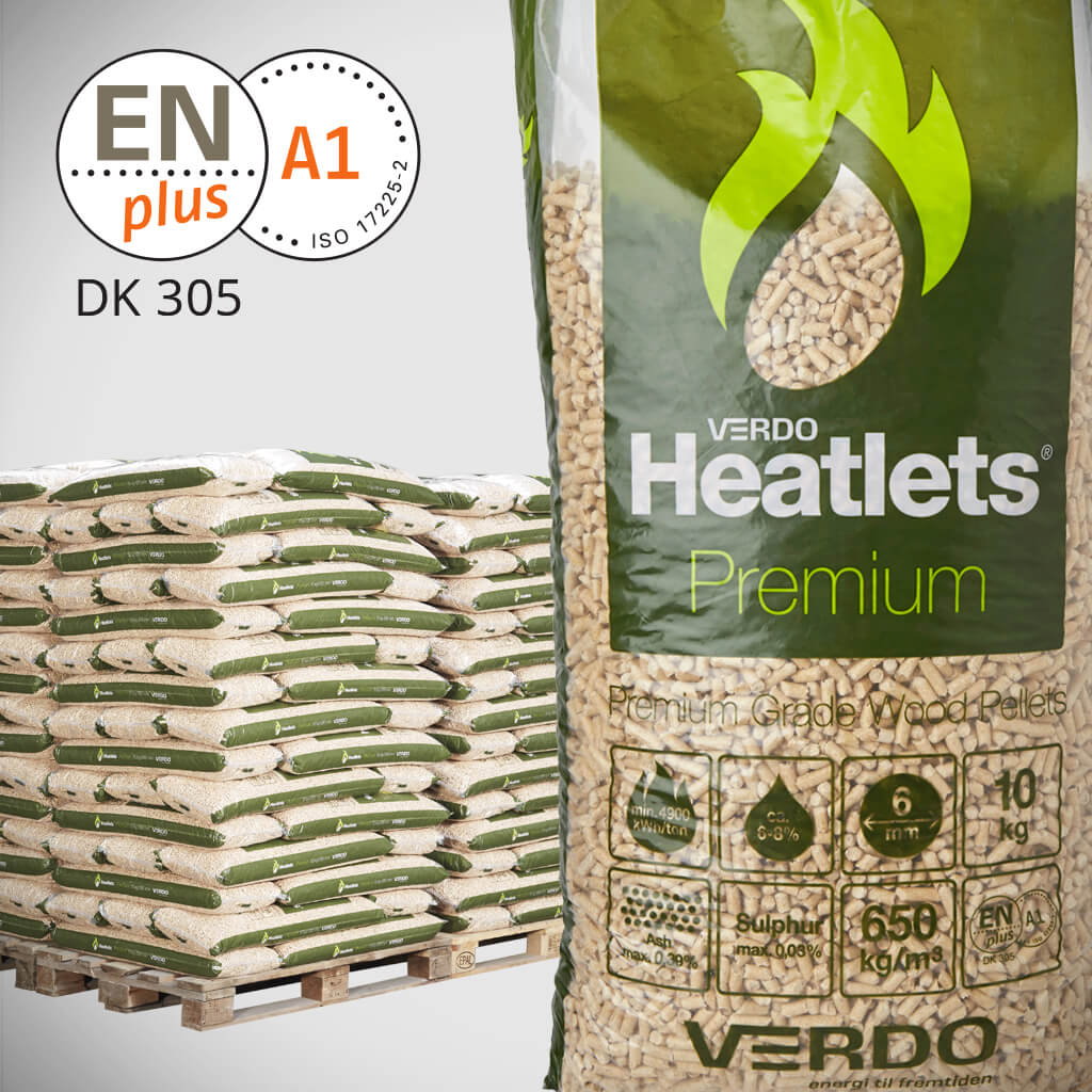 VERDO Heatlets Premium træpiller 10 kg Palle med VERDO Heatlets Premium træpiller ENplus A1