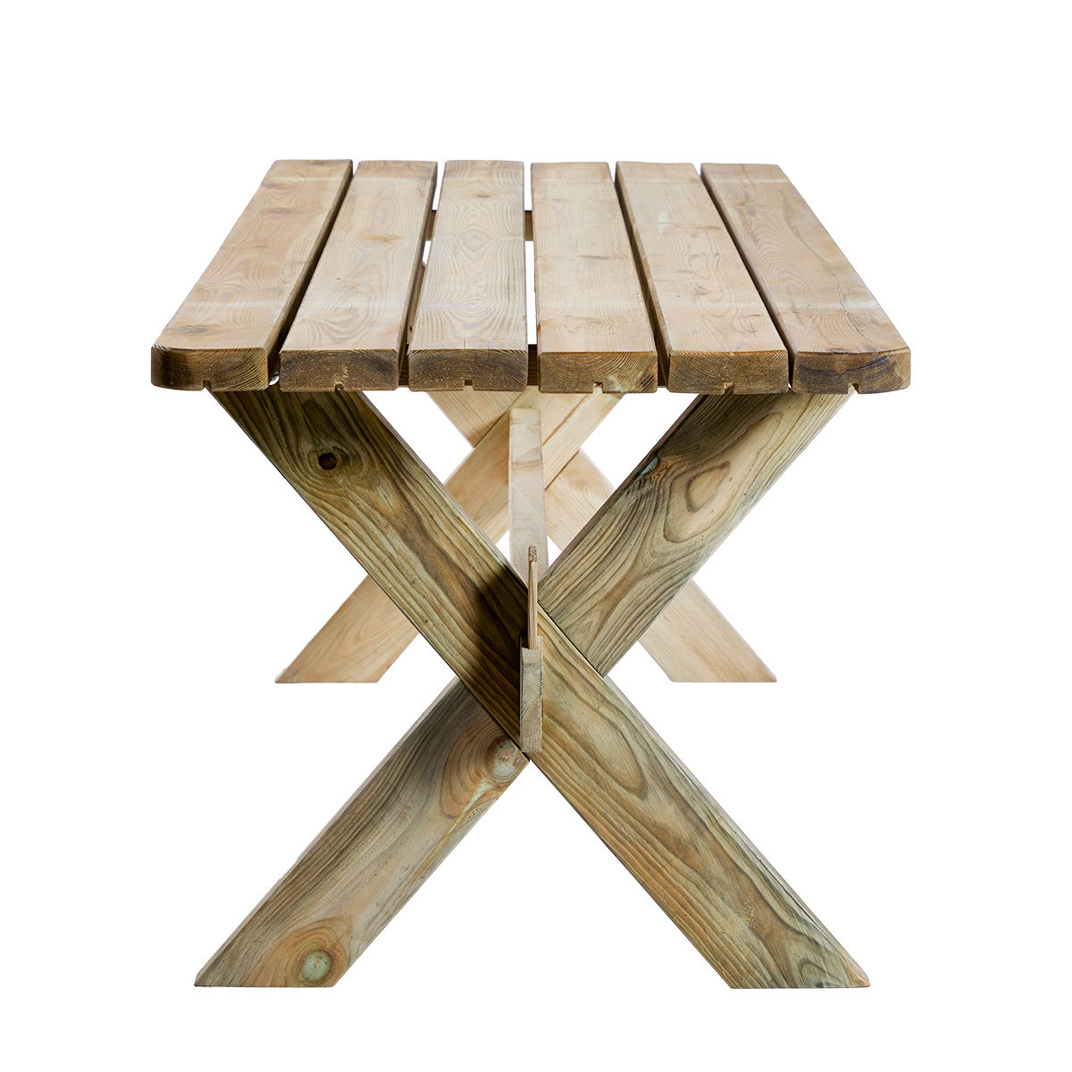 Authentic havebord 72 x 177 x 76 cm fra Hortus i trykimprægneret fyrretræ, rustikt og holdbart design med krydsben og tværgående støtte - velegnet til udendørsbrug