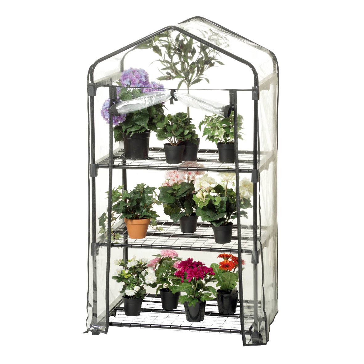 Mini drivhus med 4 hylder til potteplanter Fritstående mini drivhus med fire hylder og planter