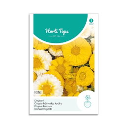 Horti Tops chrysant frø, gule og hvide blomster Frøpose med dobbelte gule og hvide chrysant blomster