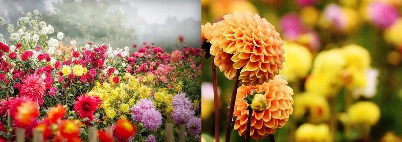 Farverig dahlia-blomstereng med orange pompon-dahlia i forgrunden Nærbillede af orange pompon-dahlia til højre og en farverig eng med røde, gule, pink og hvide dahliaer til venstre