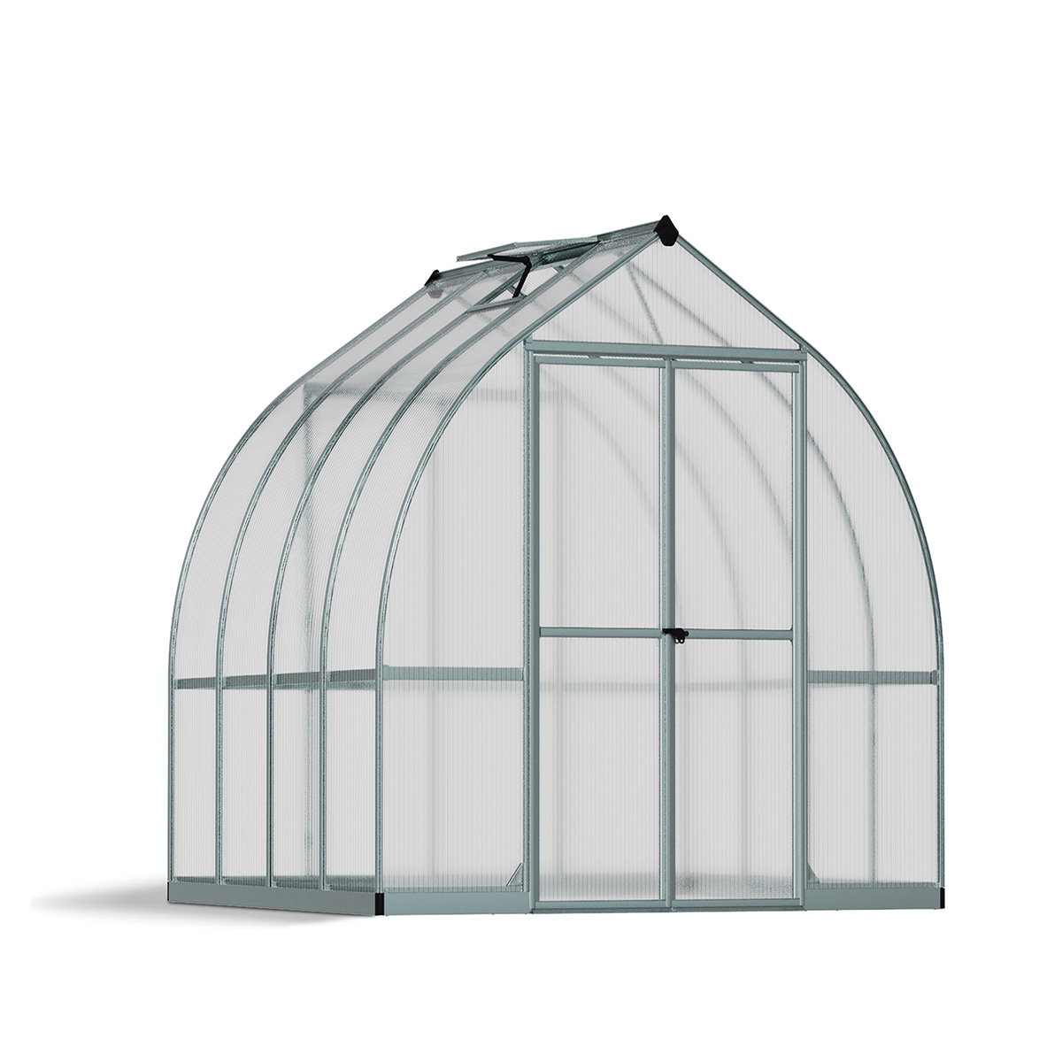 Drivhus Bella 6 m² i sølv fra Palram, 2,4 m bredt klokkeformet design med dobbeltdør, rustfri aluminiumsramme, UV-beskyttede dobbeltvæggede polycarbonatpaneler og galvaniseret stålbase