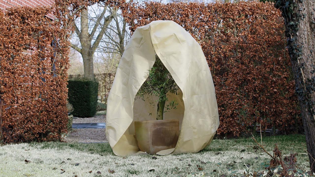 Vinterbeskyttelse til planter (Medium) fra Nature i hvid UV-resistent non-woven polypropylen med snorlukning omkring potteplante, beskytter mod frost, vind og sne