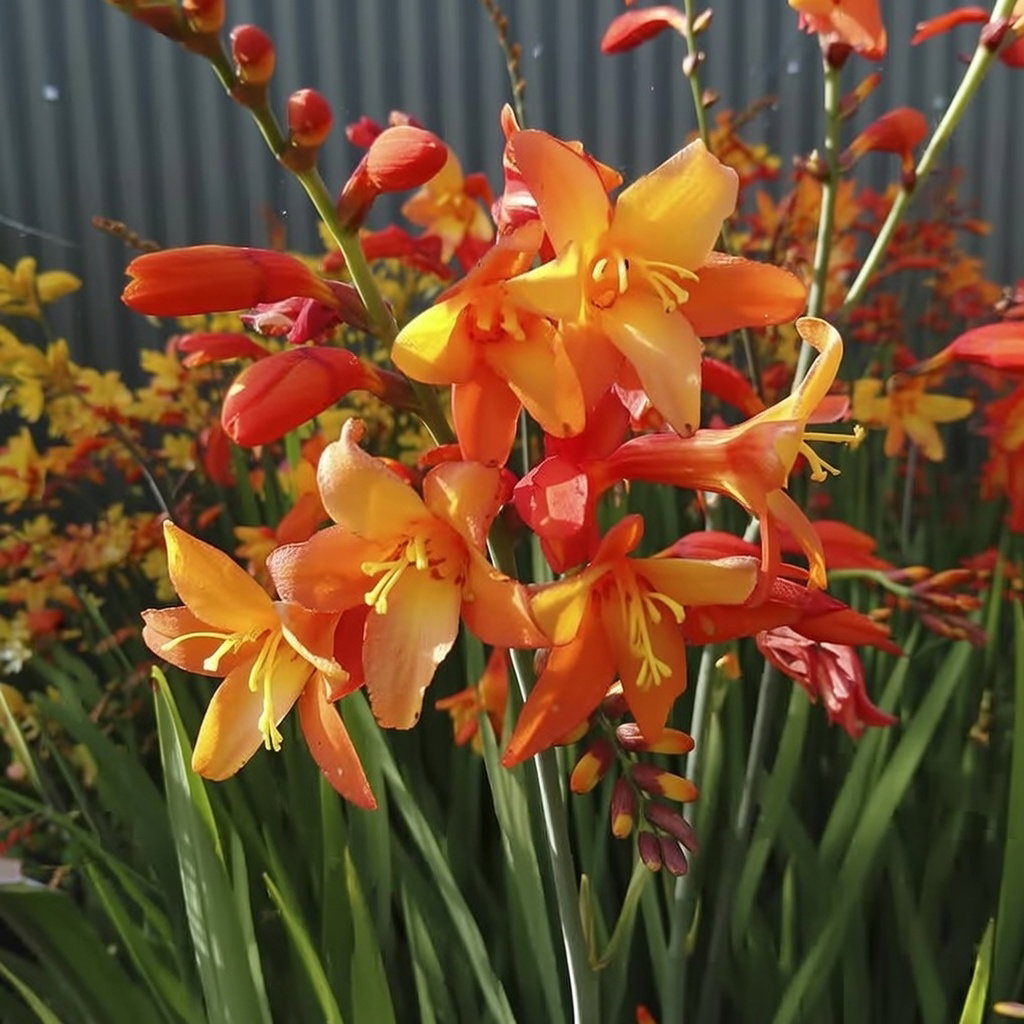 Montbretia Crocosmia orange - 20 løg | Florex - klare orange blomster, blomstrer juli-september Montbretia (Crocosmia) med klare orange og gyldne blomster på oprette stilke, cirka 50 cm høj. Velegnet til solrigt bed og som snitblomst. Pakke med 20 løg fra Florex.