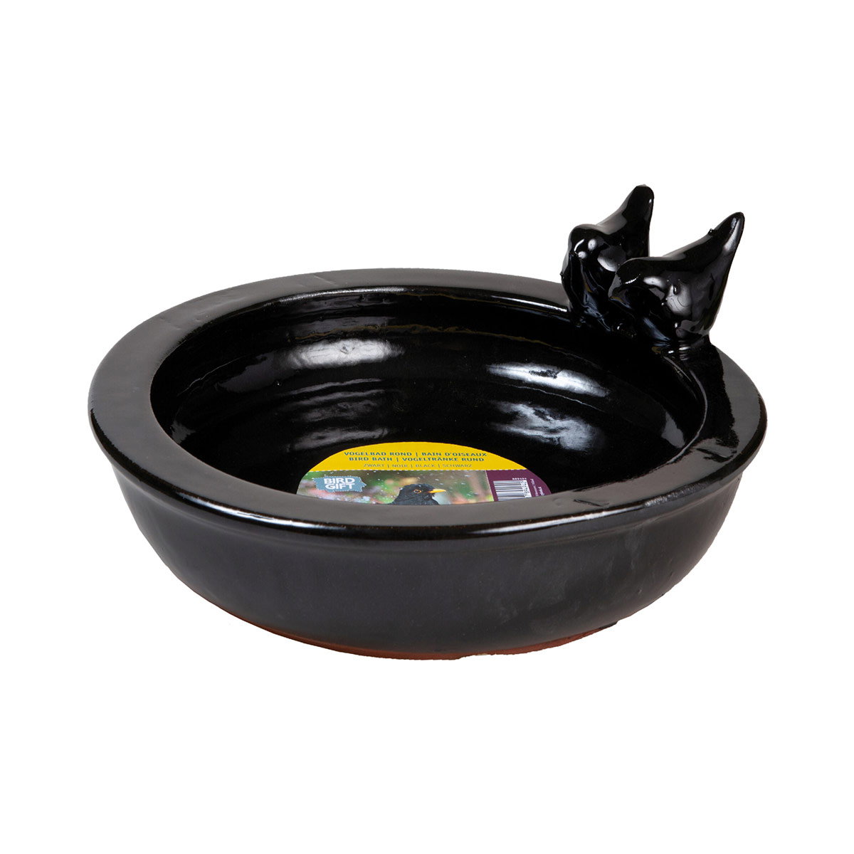 Rundt sort fuglebad i keramik med fuglefigur