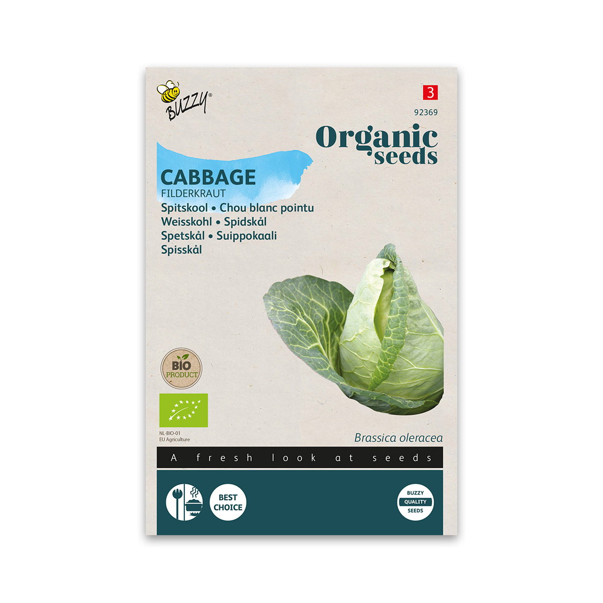 Buzzy Organic – Økologisk spidskålsfrø 'Filderkraut' til sprøde, kegleformede hoveder, velegnet til salater, wok og hjemmelavet surkål Buzzy Organic frøpakke for økologisk spidskål Filderkraut med billede af et grønt, kegleformet kålhoved; mild, let sød smag og god holdbarhed, ideel til salater, wokretter og surkål