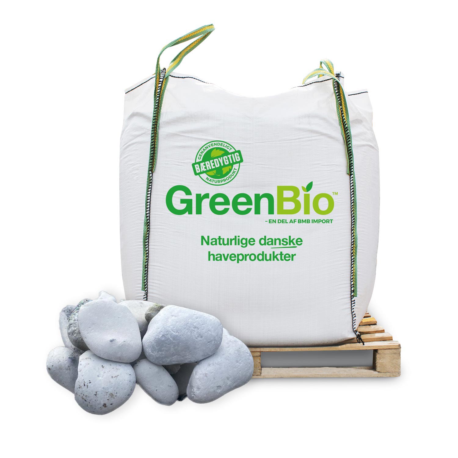 GreenBio bigbag med hvide pyntesten (singels) 32-64 mm på palle, lyse hvide og grå dekorationssten til bede, kant og husgavl