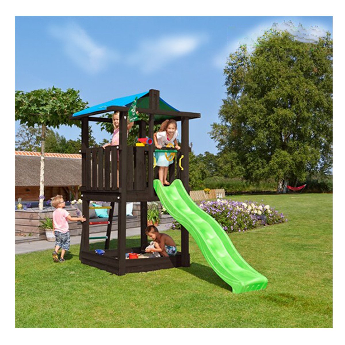 Jungle Gym Hut legetårn komplet inkl. rutschebane, grundmalet sort - 806-282