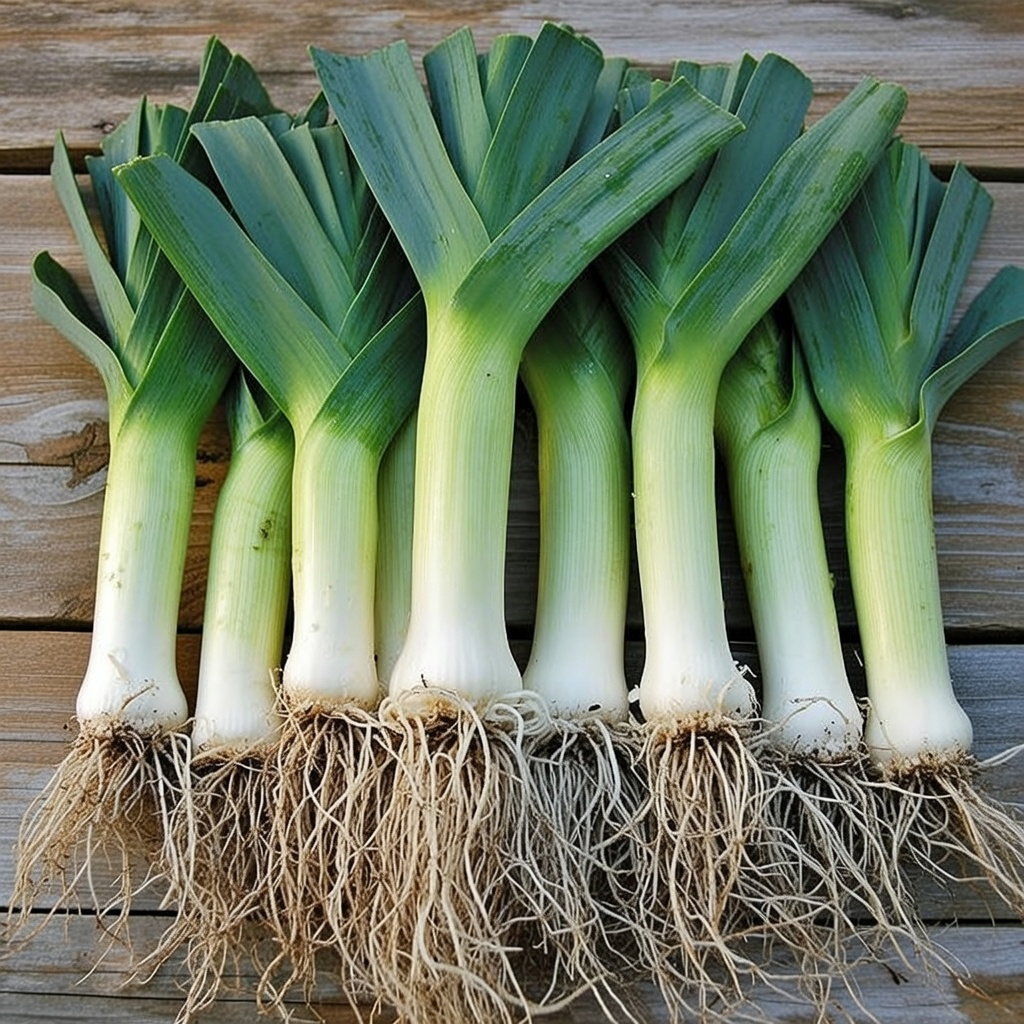 Billede af friske porrer (illustration til Vinterporre frø "Giant 2") med rødder på trægulv — hårdfør vinterporre, egnet til vinterhøst. Produkt: Vinterporre frø "Giant 2" fra Horti Tops.