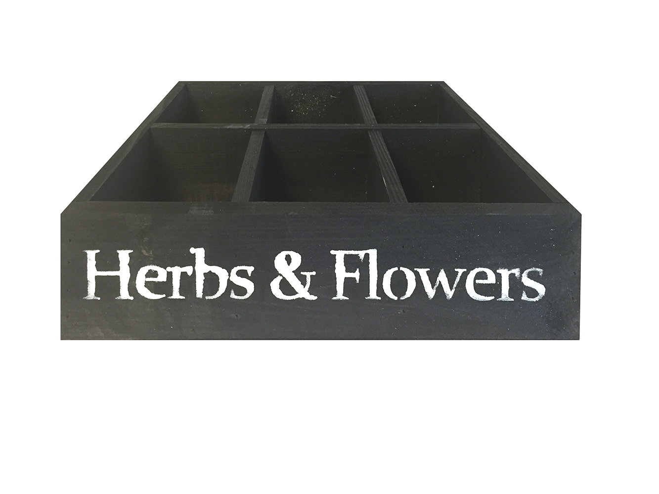 Sort trækasse med rum, tekst Herbs & Flowers