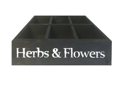 Sort trækasse med rum, tekst Herbs & Flowers