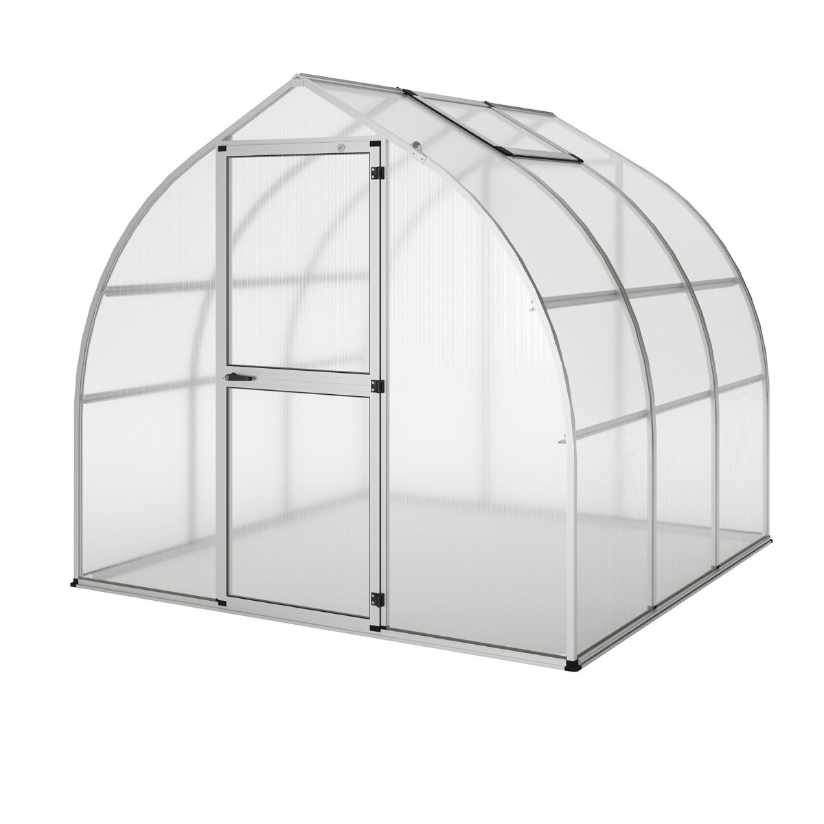 KGT Rhodo III drivhus i naturlig aluminium, kuppelformet 2,27 x 2,27 m (5,15 m²) med dør og tagventil, robust ramme og 6 mm twinwall polycarbonatpaneler for stabilt og beskyttet vækstklima