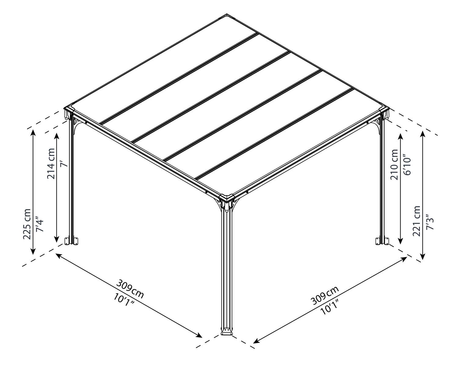 Havepavillon 309x309 cm med måltegning Tegning af havepavillon 309x309 cm med højdeangivelser