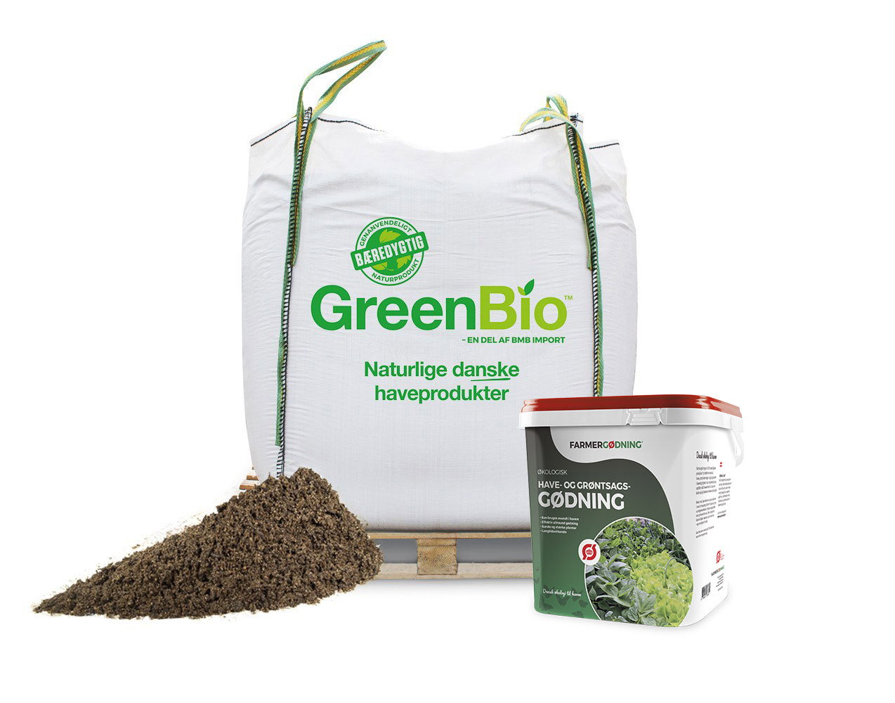 GreenBio naturgødning til køkkenhave og grøntsager Stor sæk og spand med GreenBio organisk havegødning