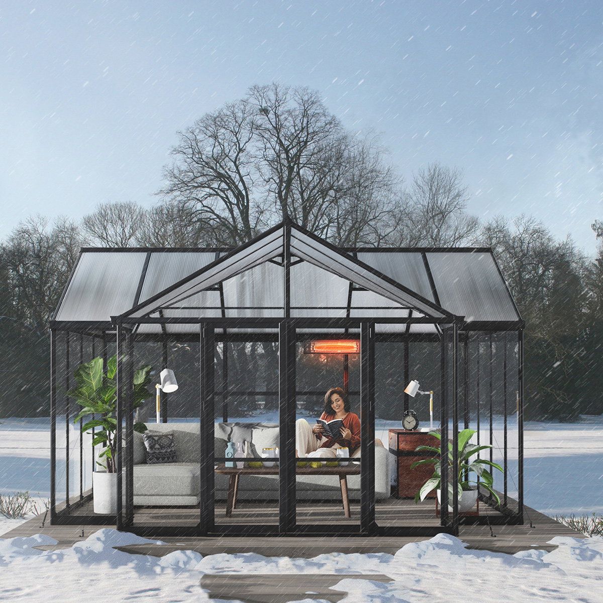 Palram Canopia Triumph orangeri 16,00 m2 antracitgrå – T-formet orangeri med pulverlakeret aluminiumsramme og klare polycarbonatpaneler Canopia by Palram Triumph orangeri 16,00 m² i antracitgrå, T-formet pulverlakeret aluminiumsramme med klare akryl- og polycarbonatpaneler; indrettet som hyggelig vinterstue med sofa, planter og varmelampe i en snedækket have