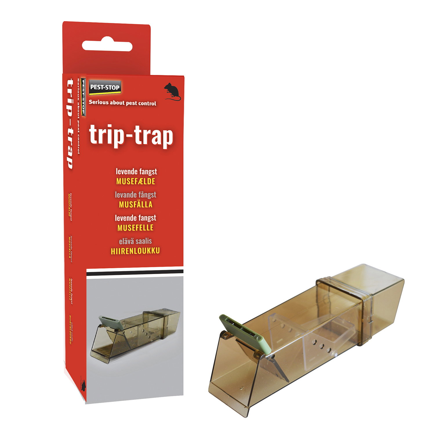 Trip-Trap musefælde i æske – Pest-stop mekanisk, genanvendelig musefælde til indendørs brug Trip-Trap Musefælde i æske fra Pest-stop, gennemsigtig mekanisk genanvendelig musefælde vist ved siden af rød emballage
