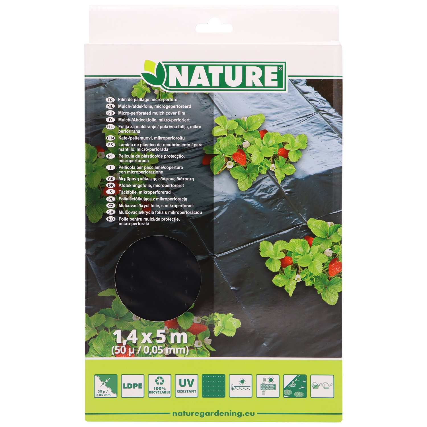 Nature ukrudtsdug til jordbær 1,40 x 5 m – sort LDPE mikroperforeret, UV-bestandig Ukrudtsdug til jordbær 1,40 x 5 m fra Nature, sort mikroperforeret LDPE-folie til rene bær, reducerer ukrudt og bevarer jordfugtighed