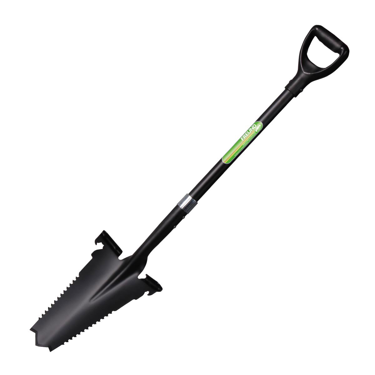Freund Rodspade multifunktionsspade med dobbeltsidet rodsav, V-formet blad, bred trædeflade, integreret M11 fastnøgle og flaskeåbner - Freund Victoria