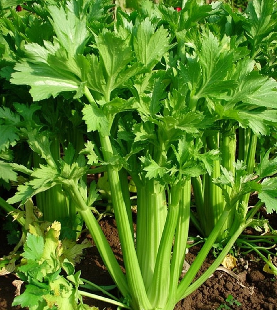 Billede af moden økologisk bladselleri (sort Tall Utah 52/70) med frodige grønne stængler og bladkrone, ideel til suppe, gryderetter eller juice — frø fra Buzzy Organic.