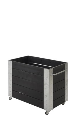 Sort plantekasse i træ og metal på hjul Rektangulær sort plantekasse i træ og metal på hjul
