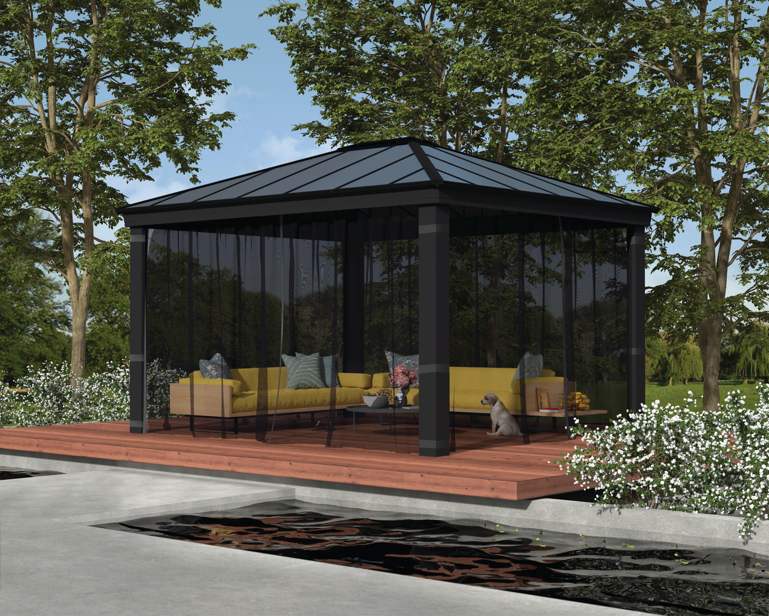 Moderne pavillon med myggenet til terrasse Sort havepavillon med net og gule loungemøbler