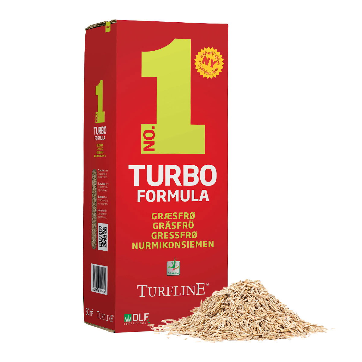 Rød pose Turfline Turbo græsfrø med frø foran