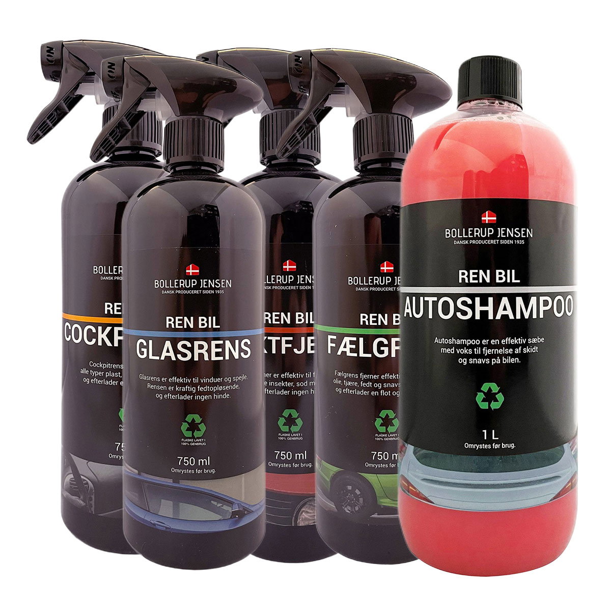 Bollerup Jensen bilplejesæt med rengøringsmidler Sæt med Bollerup Jensen bilshampoo og rensemidler