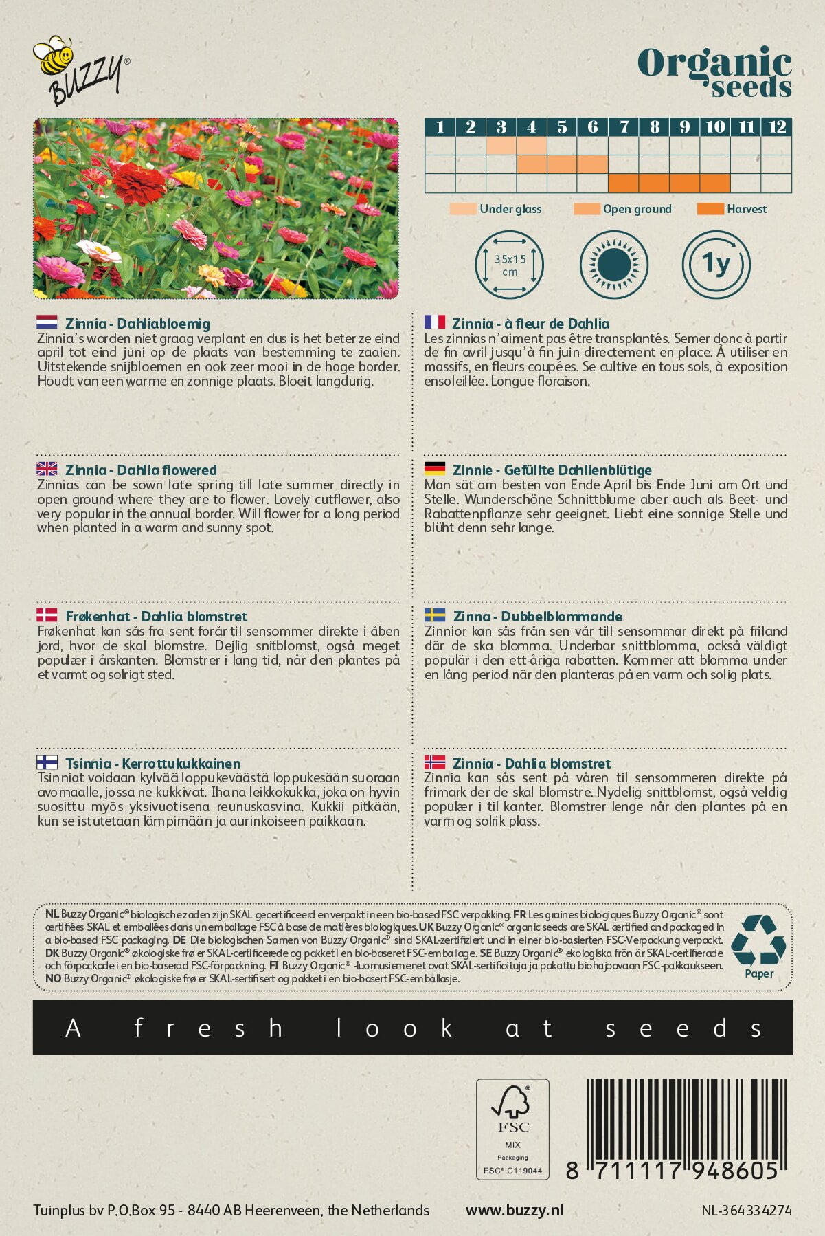 Frøpose til økologiske zinnia med farverige blomster