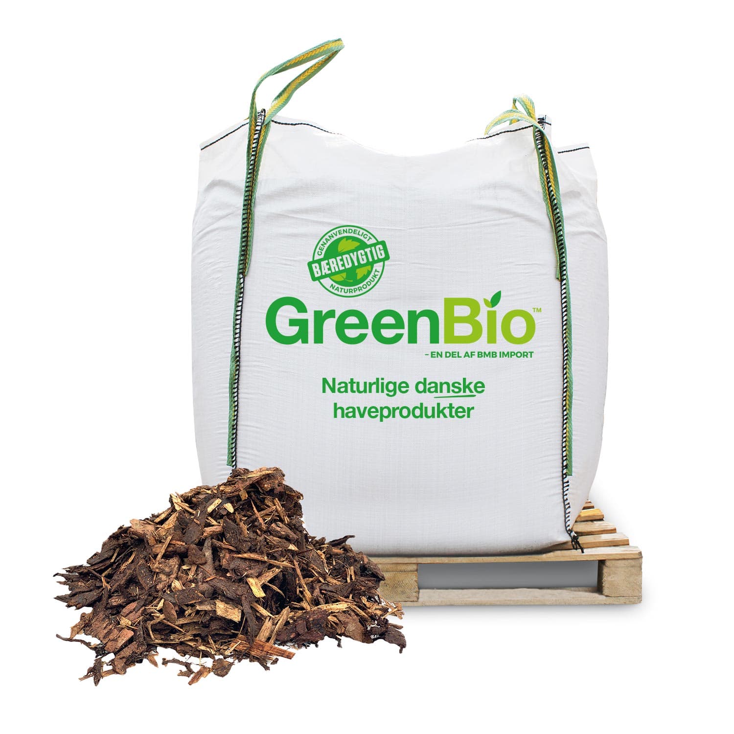 Stor GreenBio bigbag med træflis på palle