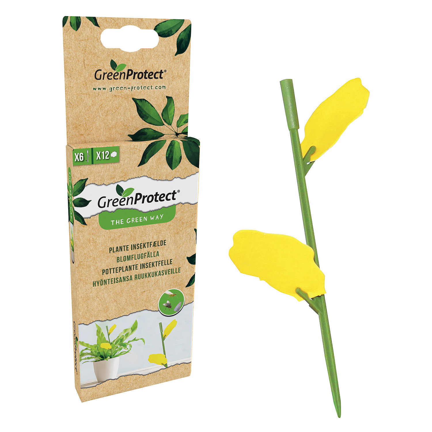 GreenProtect Plante Insektfælde - 12 stk, giftfri dobbeltsidet limfælde til stueplanter og drivhus Billede af GreenProtect Plante Insektfælde pakke (12 stk) og en grøn pind med gule dobbeltsidede limblade. Giftfri gul limfælde, optimeret farve til at tiltrække insekter, velegnet til stueplanter og drivhus, effektiv op til 6 uger.