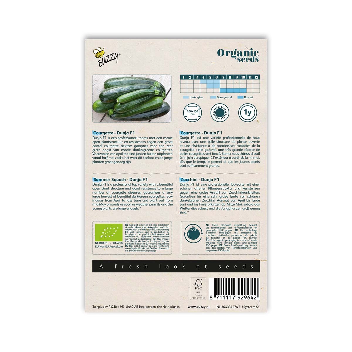 Bagside af pose med økologiske courgettefrø Dunja F1