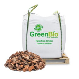 Stor GreenBio bigbag med pyntebark på palle