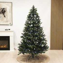 Kunstigt juletræ med LED-lys på metalfod Grønt kunstigt juletræ med hvide LED-lys indendørs