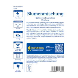 Blomsterblanding Sommerfugleeng 5-8 m² – Kiepenkerl frøblanding til sommerfugle og bestøvere Produktbillede af Kiepenkerl 'Blomsterblanding Sommerfugleeng - 5-8 m²' pakke, frøblanding med farverige blomster, urter, græsser og kløver, udviklet til at tiltrække sommerfugle og andre bestøvende insekter, giver føde og levested med lang blomstringstid
