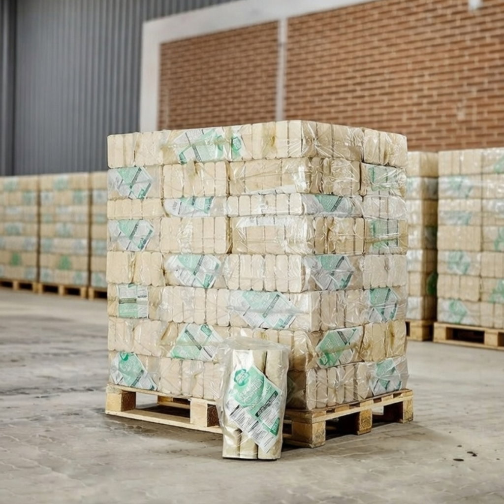 Palle med ØKO-BRIK træbriketter (960 kg) pakket i 10 kg poser fra BMB på lager; højt brændværdi og økonomisk alternativ til kløvet brænde