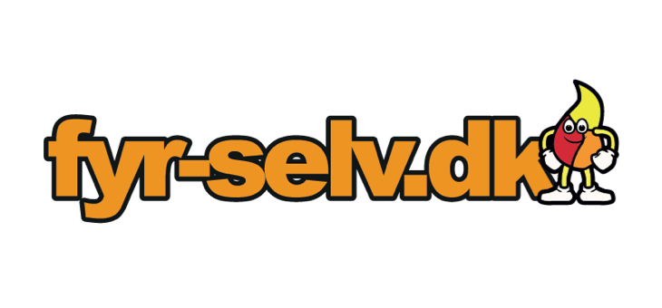 fyr-selv.dk logo med orange tekst og tegnet flamme-maskot på sort baggrund Logo for fyr-selv.dk med store orange bogstaver og en smilende flamme-maskot i højre side på sort baggrund