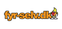 Logo for fyr-selv.dk med store orange bogstaver og en smilende flamme-maskot i højre side på sort baggrund
