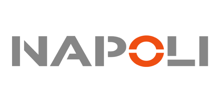 Napoli logo - grå bogstaver med orange cirkel i O, minimalistisk design Napoli-logo i grå og orange med moderne geometrisk typografi