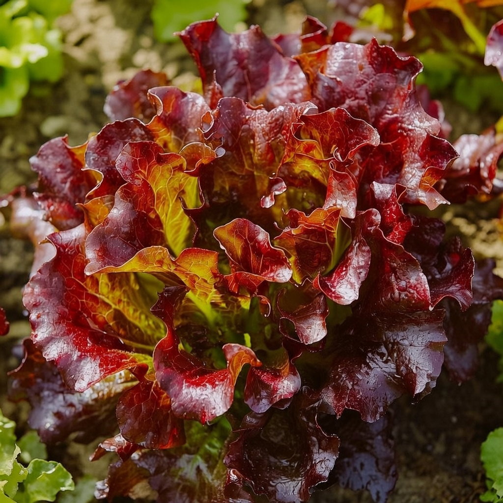 Økologisk Pluksalat frø 'Red Salad Bowl' – rødgrøn pluksalat til køkkenhaven | Buzzy Organic Rødlig pluksalat 'Red Salad Bowl' med bløde, krøllede blade og grønne nuancer, dyrket i jord – økologiske frø fra Buzzy Organic